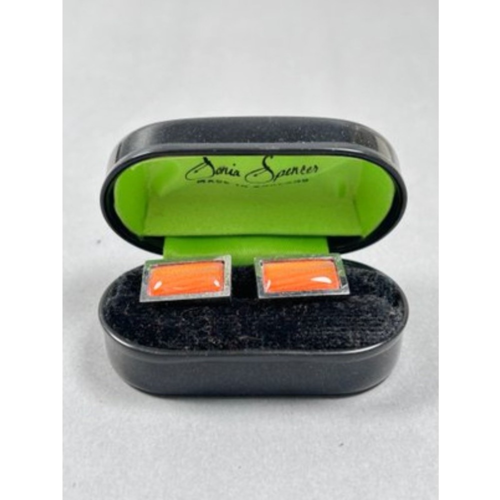 Sonia Spencer Rectangular Orange Enamel Cufflinks Silver Tone Made in England
